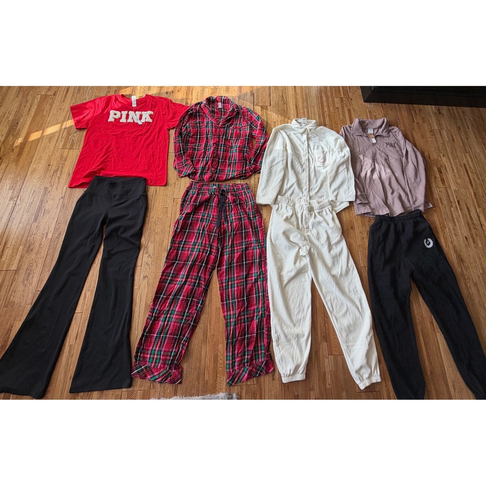Victoria's Secret PINK Loungewear Pajama Bundle Plaid Flannel Fleece 8pc Set S